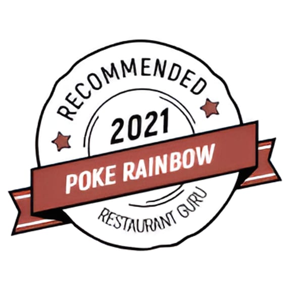 Restaurant Guru 2021 Recommended badge for Poke Rainbow, a red and white circular logo.