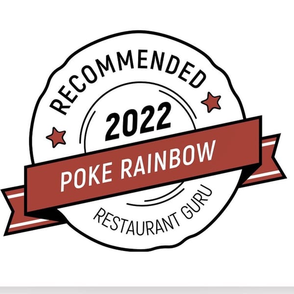 A white and red badge with "Recommended 2022 Poke Rainbow Restaurant Guru" text.
