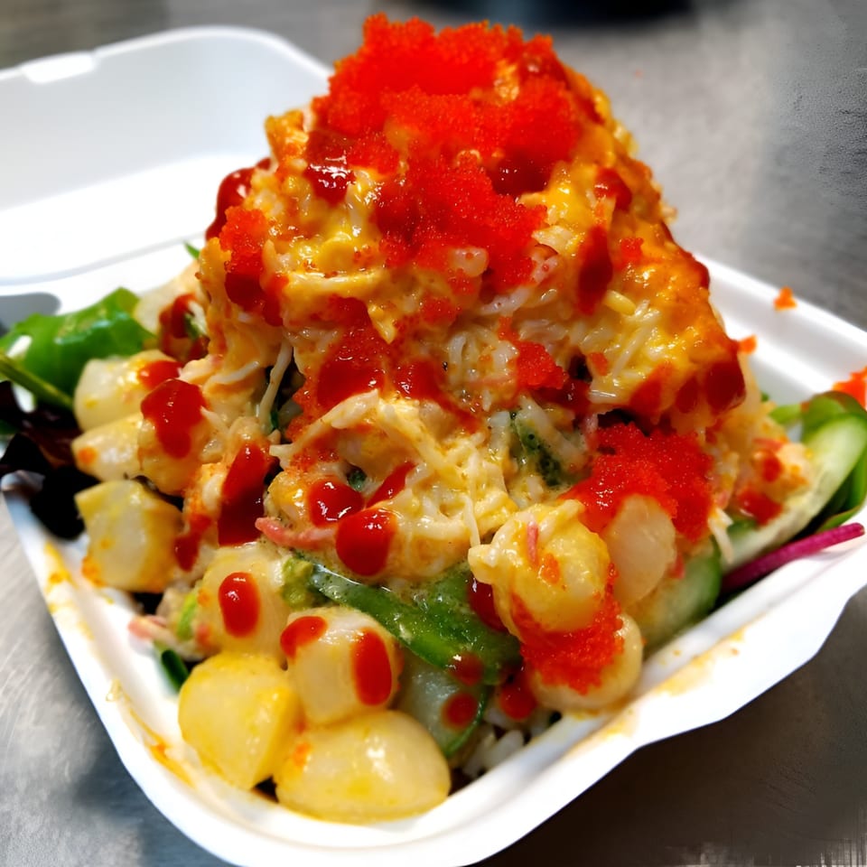 Poke Rainbow's poke bowl with scallops, sauce, and red roe in a white takeout container.