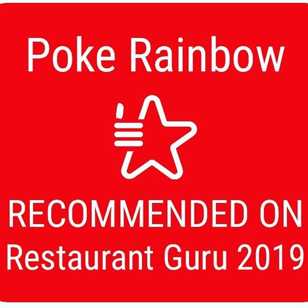Red graphic with white text: "Poke Rainbow RECOMMENDED ON Restaurant Guru 2019" and a star icon.