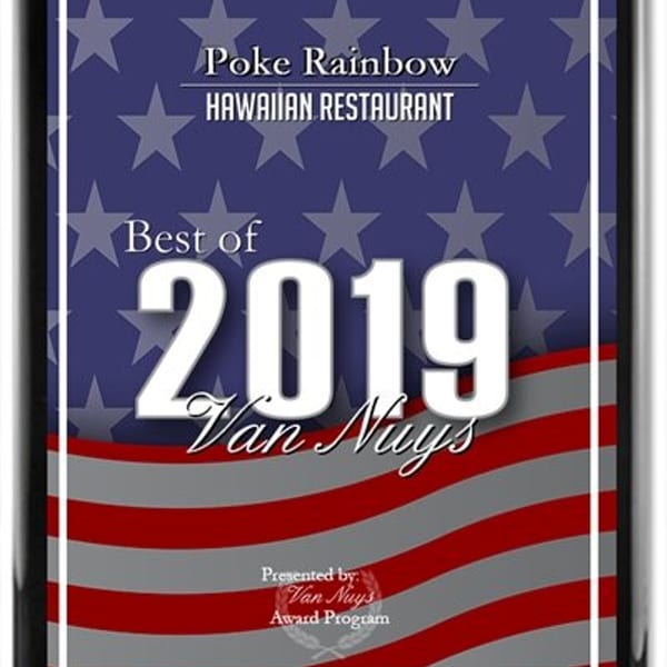 Poke Rainbow Hawaiian Restaurant's "Best of 2019 Van Nuys" award certificate with an American flag background.